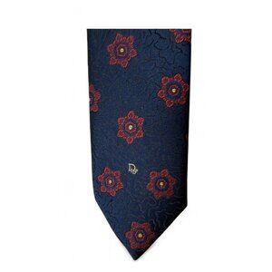 Christian Dior Navy Blue Floral Print Tie Red Flowers Dior Embroidery Classic